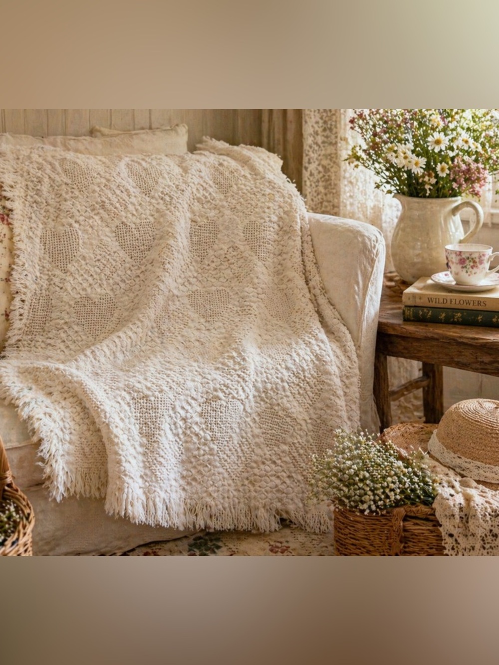 Vintage Cream Heart Tapestry Throw Blanket 40” x 60” Cottagecore